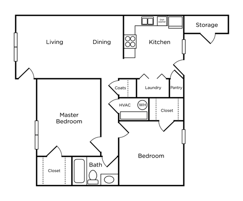 A floor plan of a house with labeled rooms such as Living, Dining, Kitchen, Bath, Bedrooms, and storage.